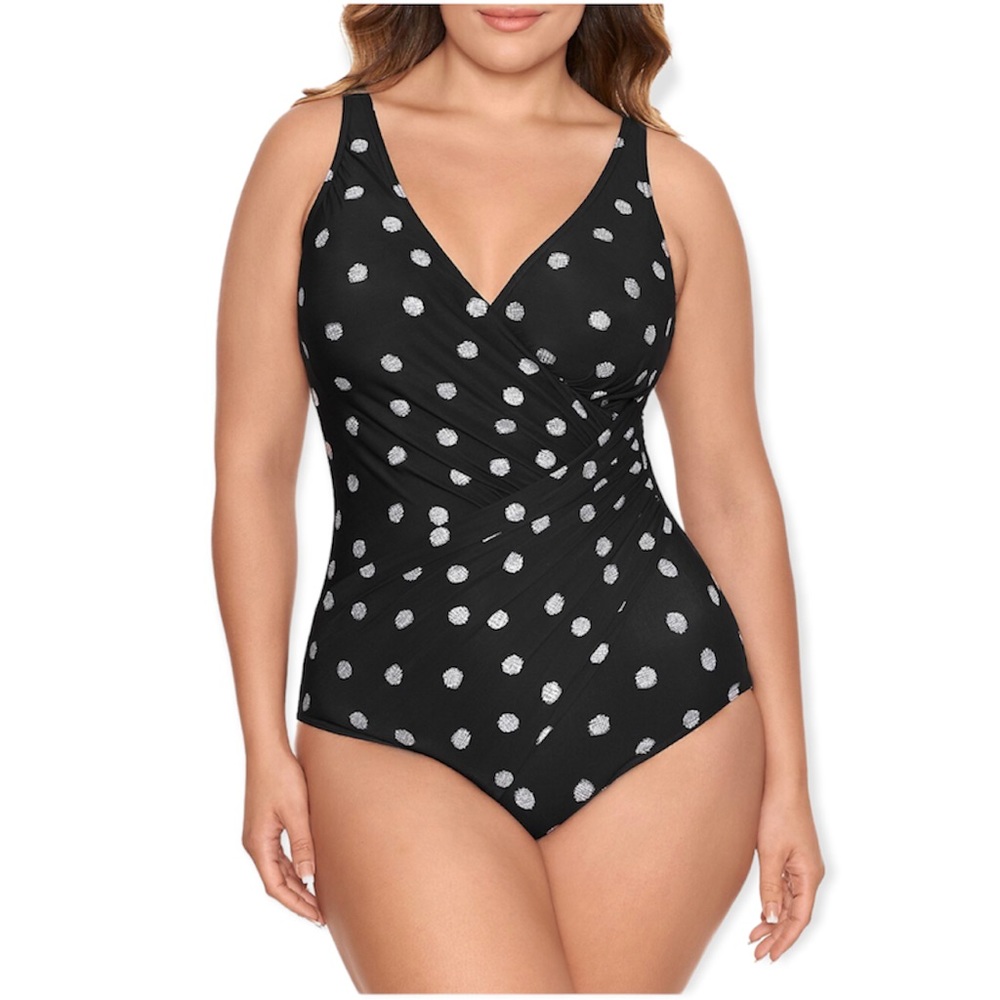 Miraclesuit Black White Polka Dot Wrap One Piece Bathing Suit Size 10 Shapewear
